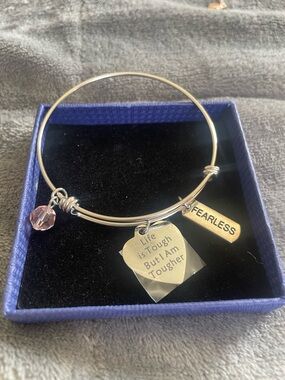 Silver 'Fearless' and Heart Charm Bangle Bracelet - Pink Accent